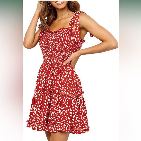 Women's Mini Dress Strappy Backless Pleated Flare Ruffle Polka Dot Dress… - Picture 2 of 9